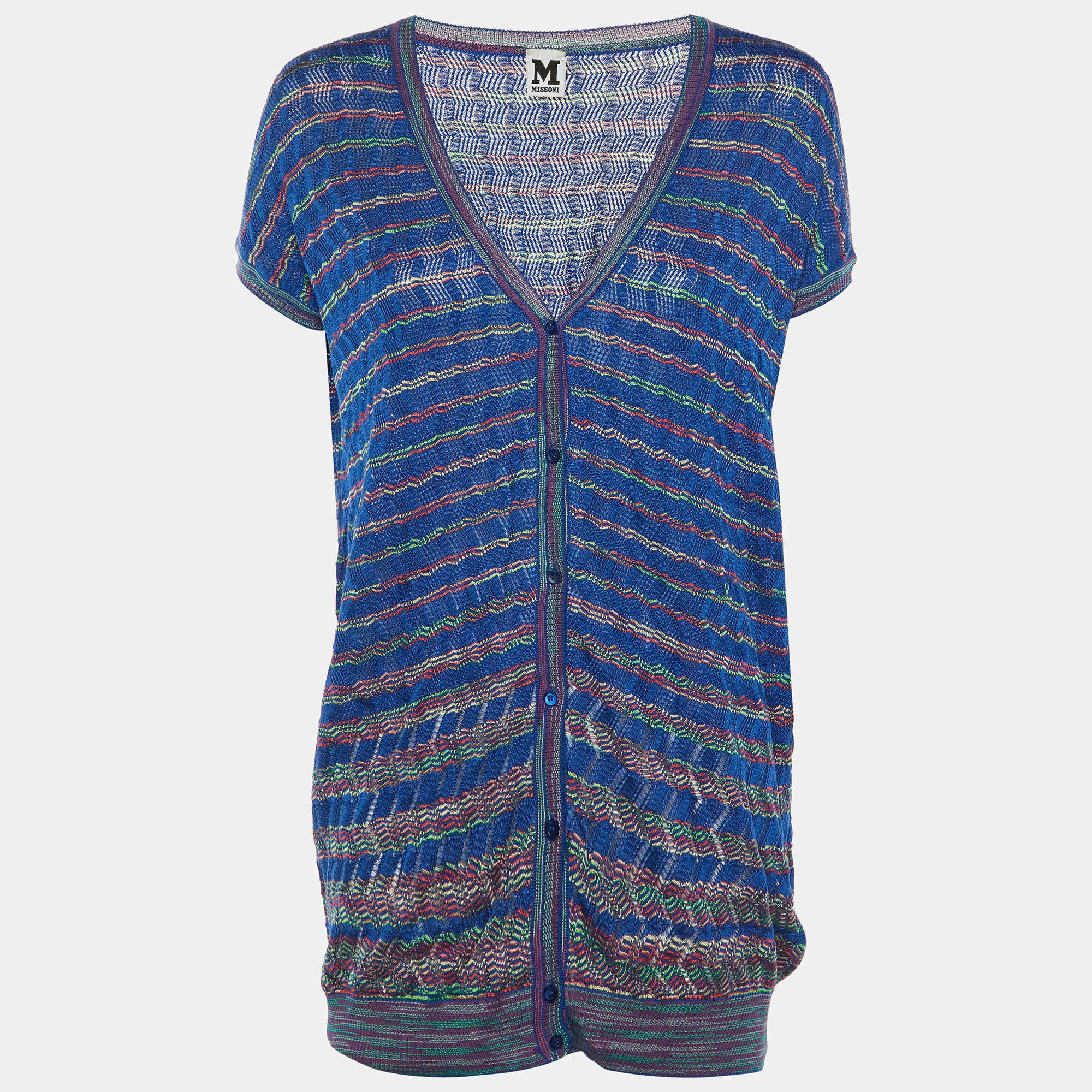 Pre Owned M Missoni Blue Zig Zag Knit Button Front Cardigan M