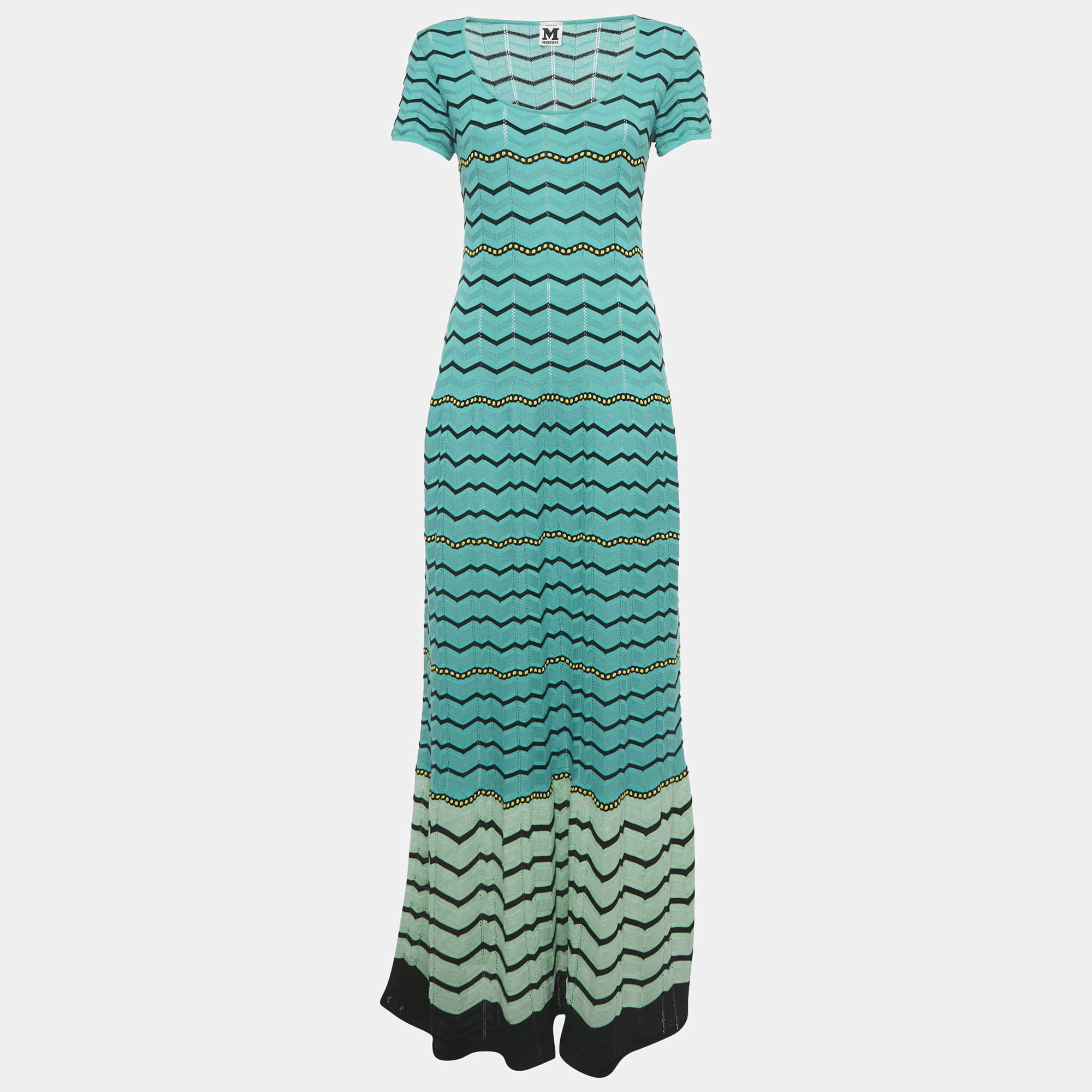 Pre Owned M Missoni Blue Zig Zag Knit Maxi Dress M