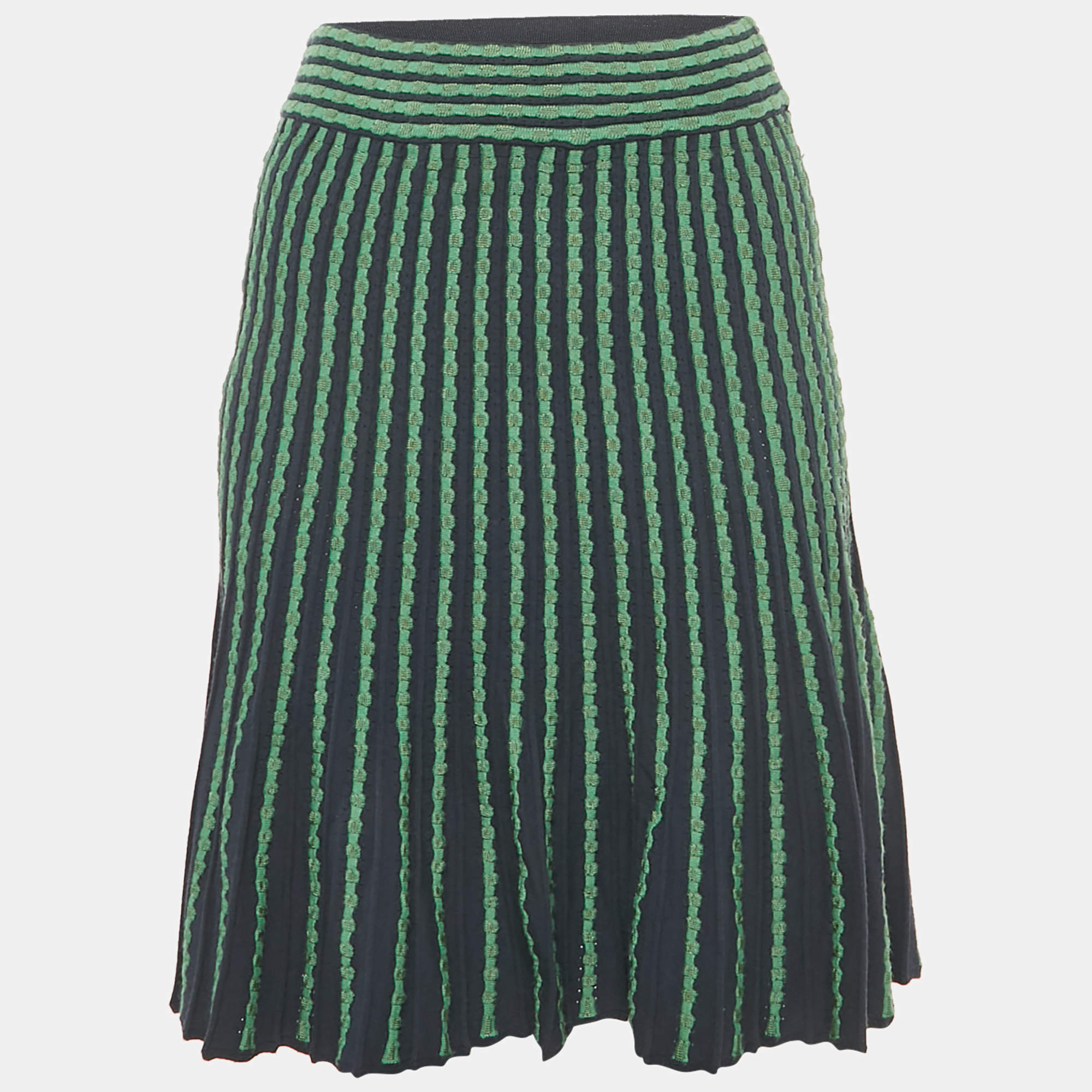 Pre Owned M Missoni Navy Blue/Green Stretch Knit Flared Short Skirt M