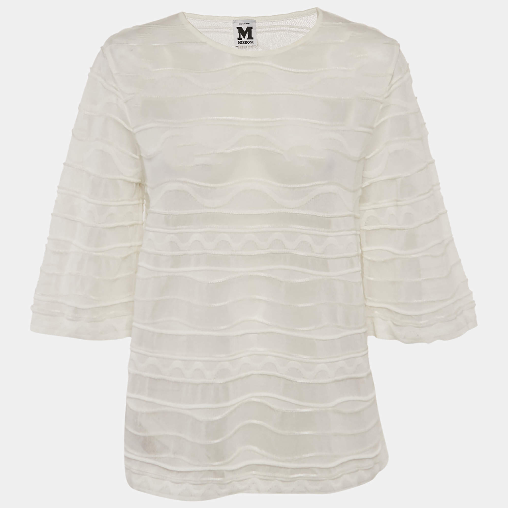 Pre Owned M Missoni White Patterned Knit Round Neck Top L