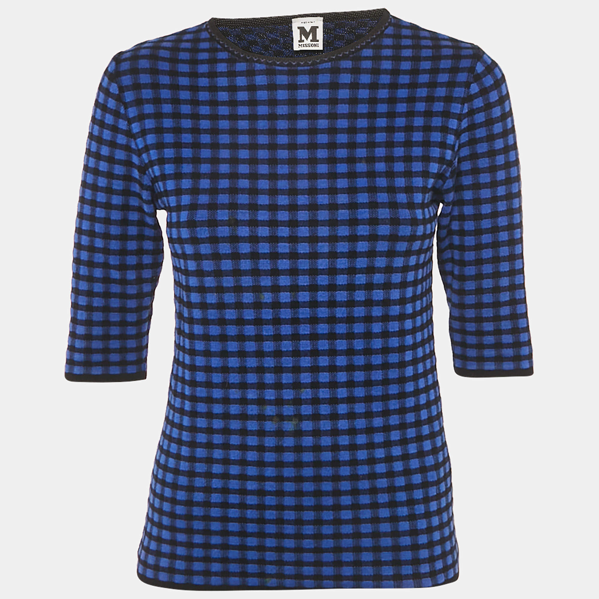 Pre Owned M Missoni Blue Checks Stretch Knit Round Neck Top M