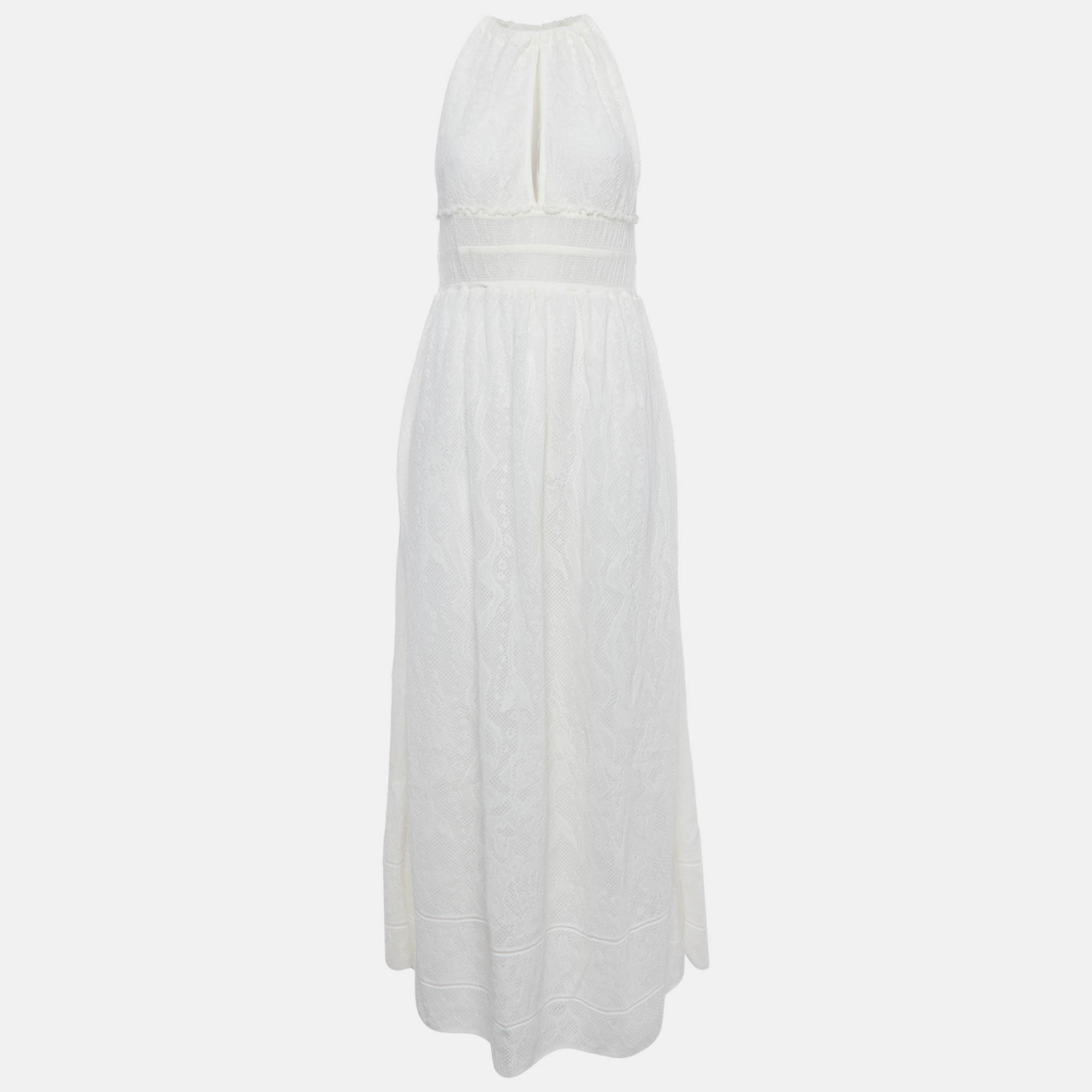 Pre Owned M Missoni White Lace Knit Halter Neck Maxi Dress L