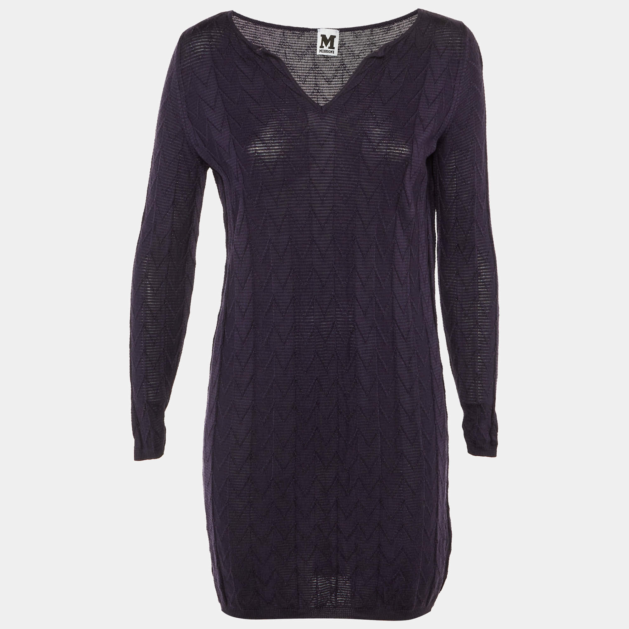 Pre Owned M Missoni Purple Zig Zag Fleece Wool Knit Mini Dress M