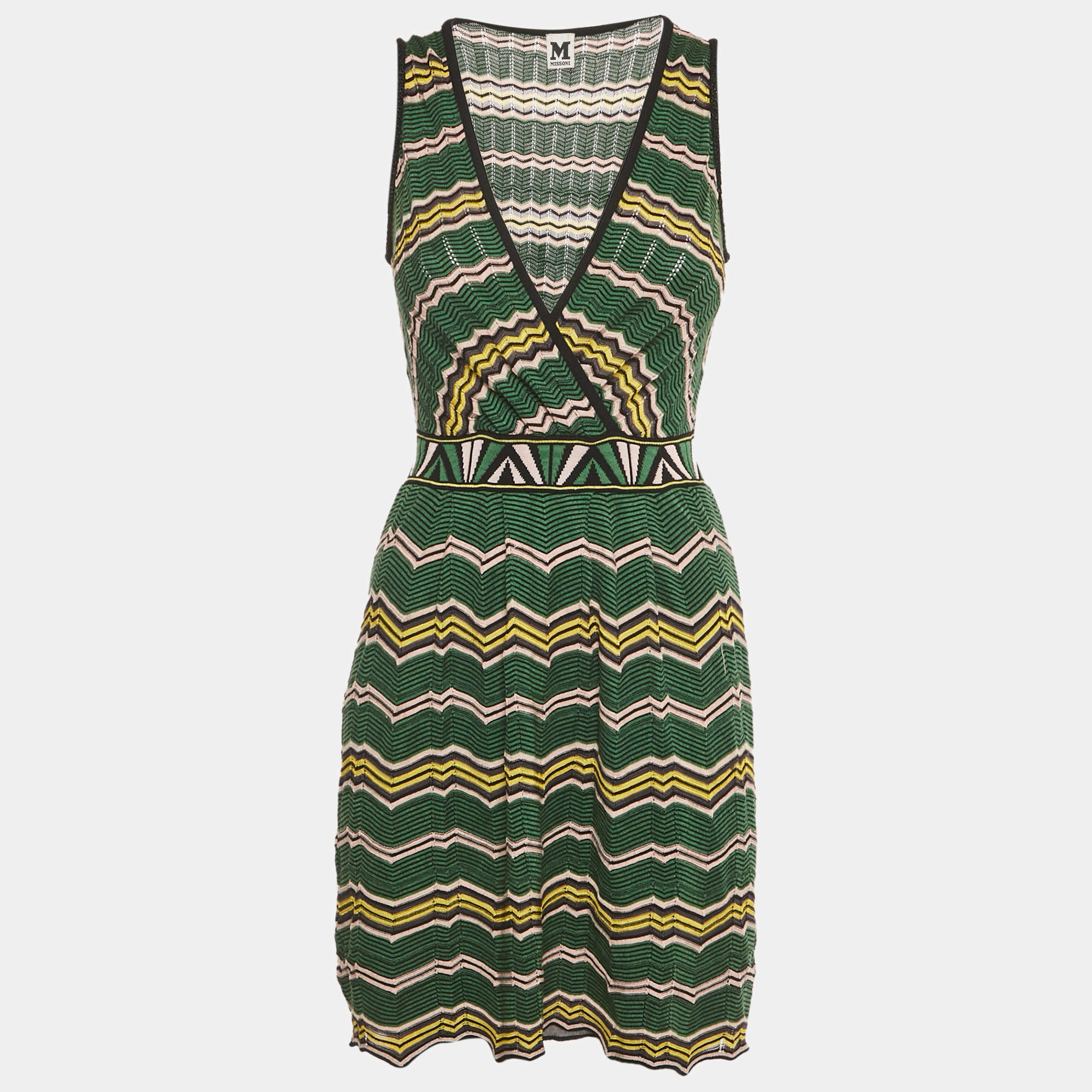 Pre Owned M Missoni Green Zig Zag Pattered Knit Mini Dress M