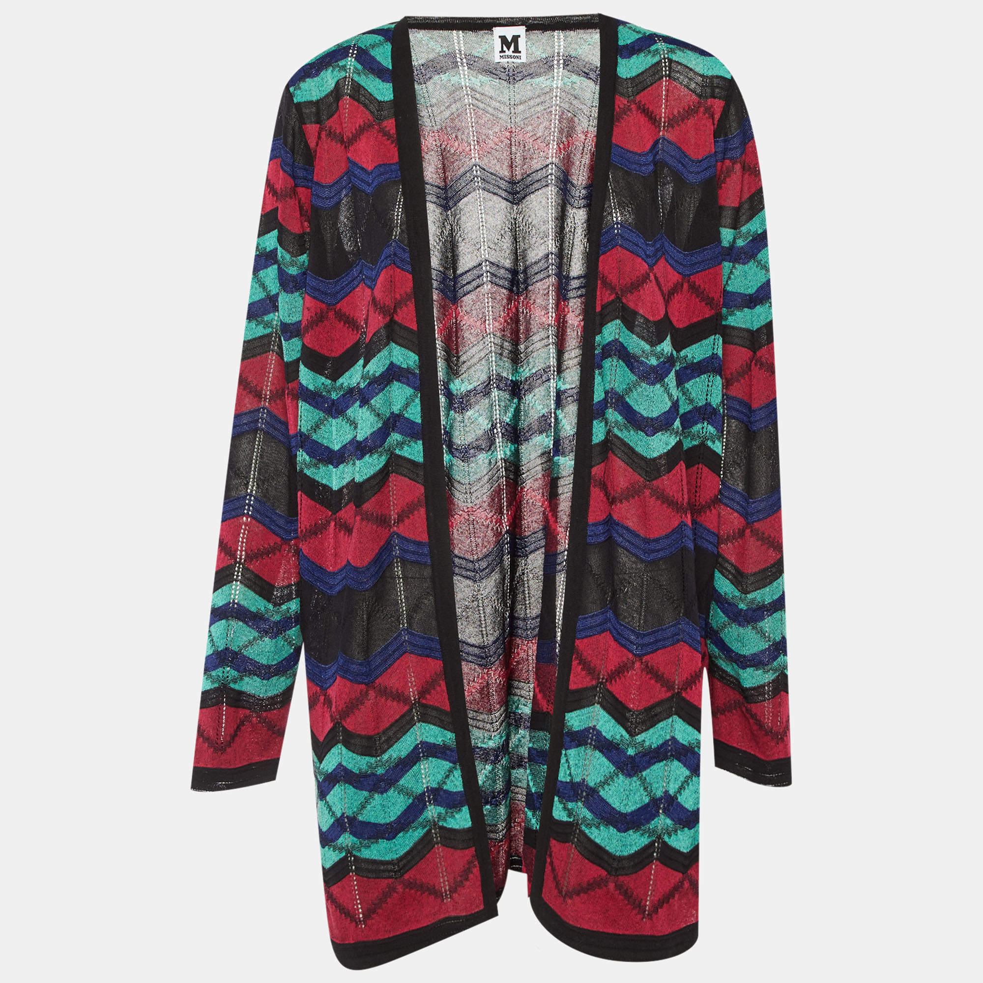 Pre Owned M Missoni Multicolor Chevron Knit Open Front Cardigan L