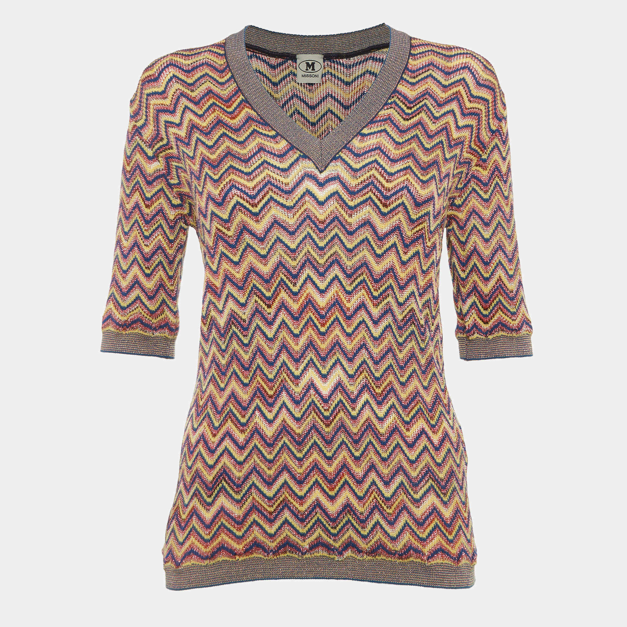 Pre Owned M Missoni Multicolor Zig-Zag Lurex Knit V-Neck Sweatshirt L