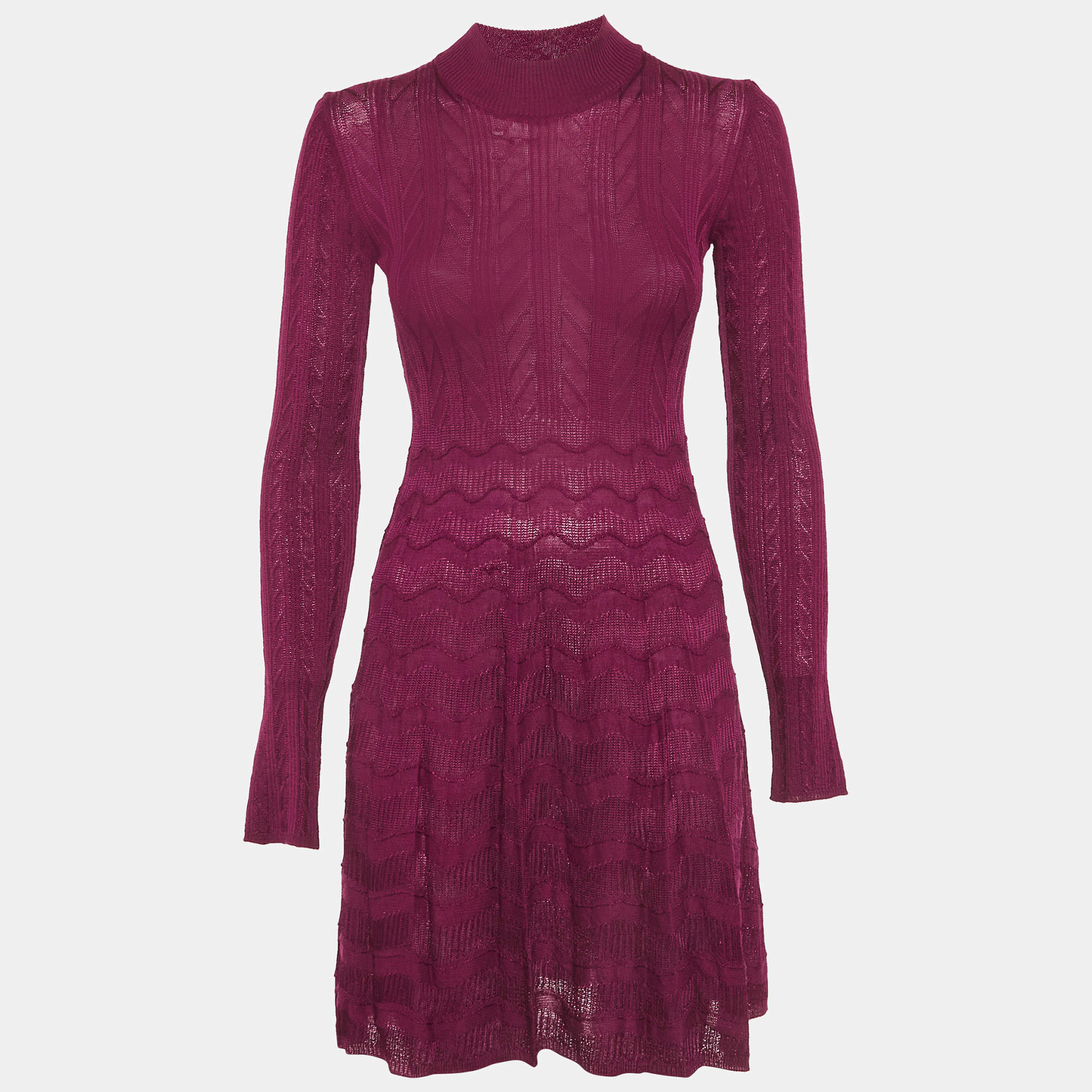 Pre Owned M Missoni Purple Crochet Knit Long Sleeve Mini Dress S