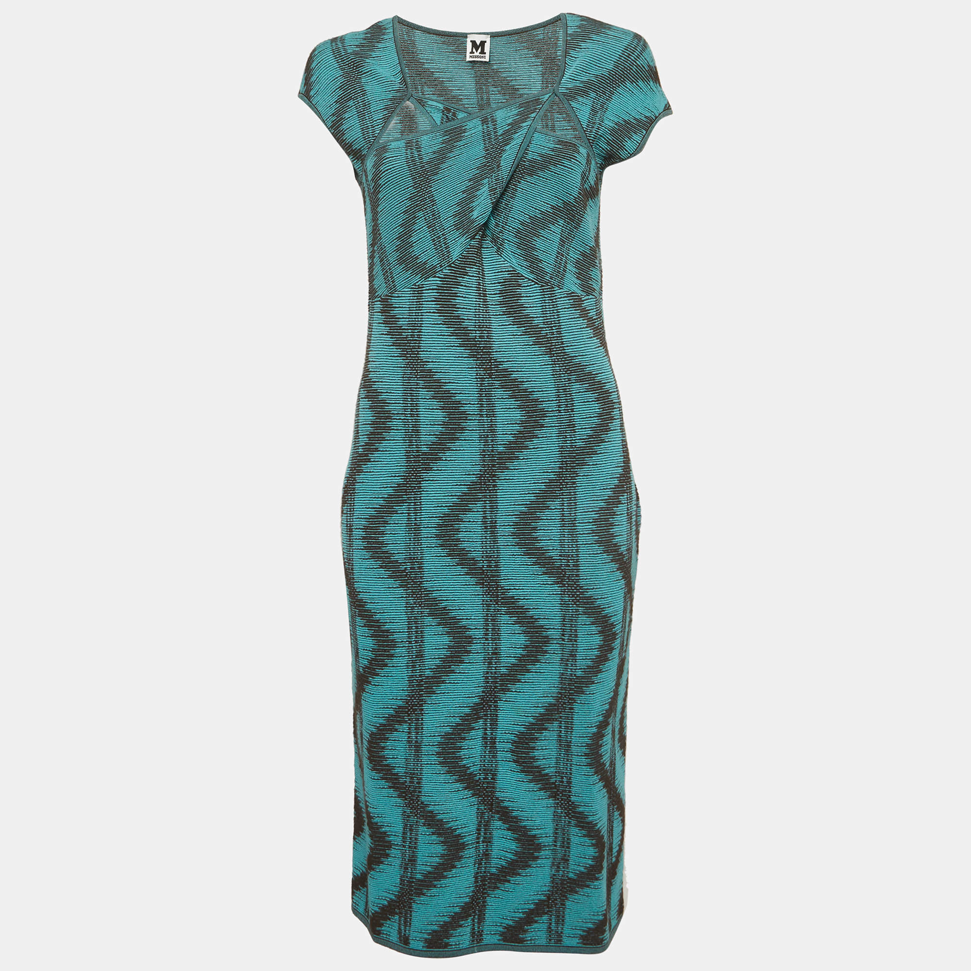 Pre Owned M Missoni Blue Zig Zag Lurex Knit Midi Dress L