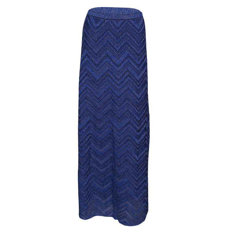 Pre Owned M Missoni Navy Blue Lurex Knit Chevron Pattern Maxi Skirt M
