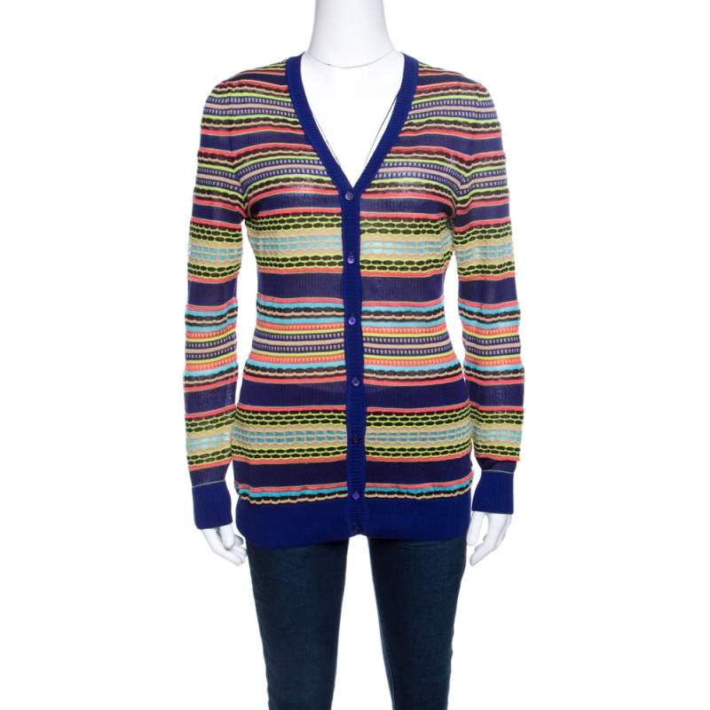 M Missoni Mutlicolor Patterned Knit Rib Trim Cardigan M
