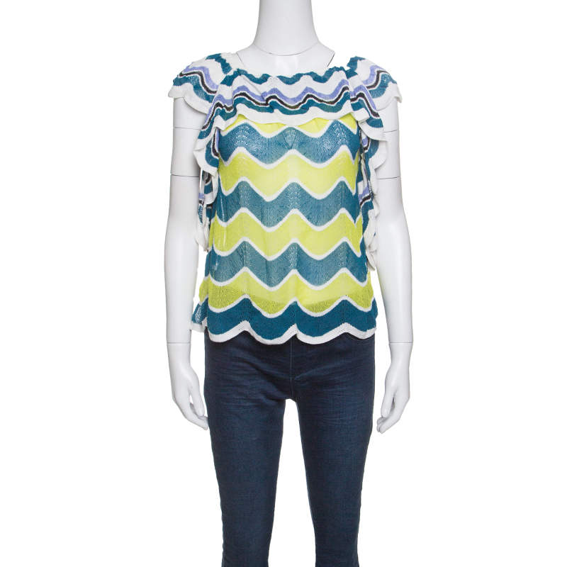 مملوكة مسبقًا M Missoni Multicolor Wave Pattern Perforated Knit Ruffle Trim Top S