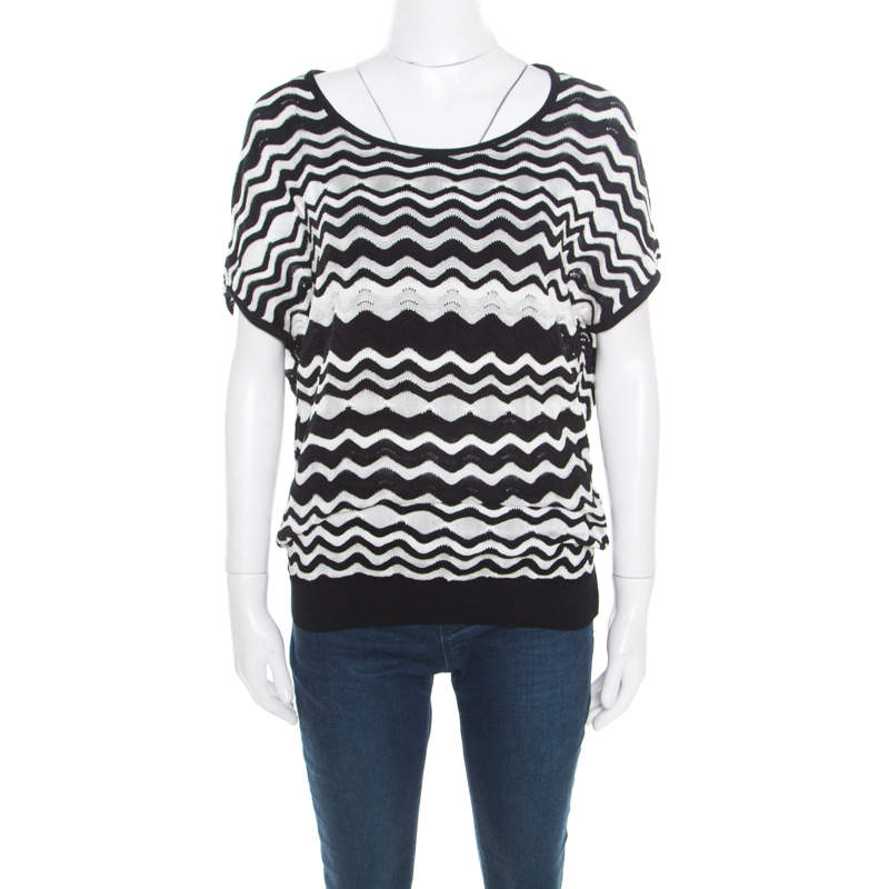Pre Owned M Missoni Monochrome Wave Pattern Jacquard Perforated Knit Top M