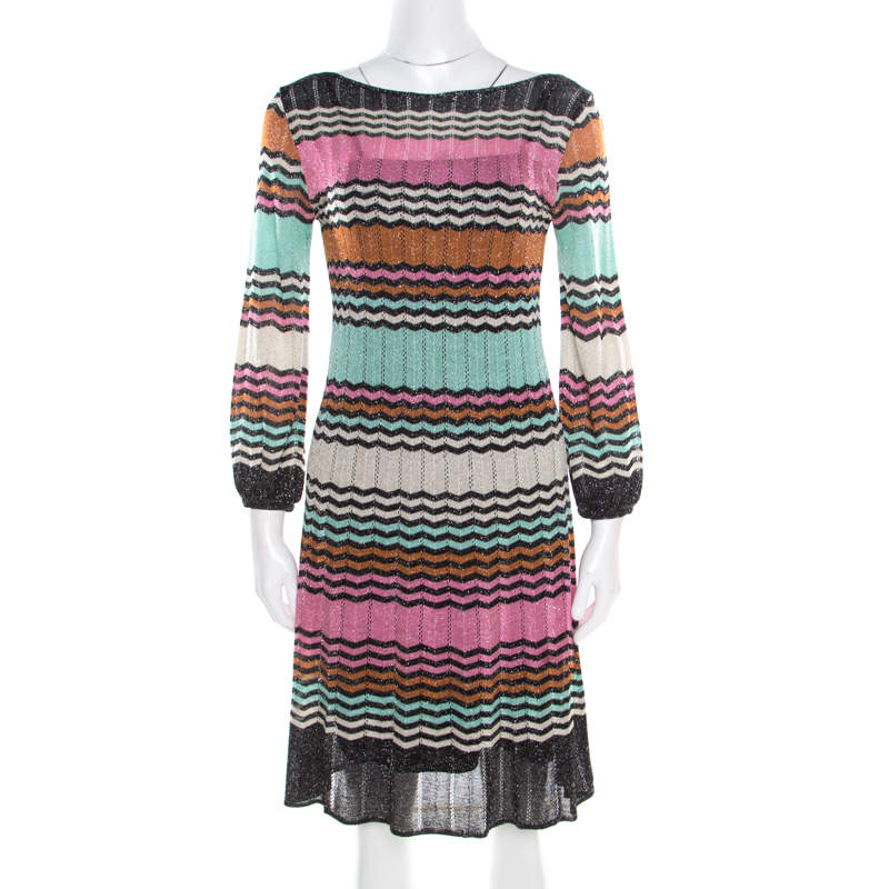 Pre Owned M Missoni Multicolor Lurex Chevron Patterned Knit Neck Tie Detail Dress M