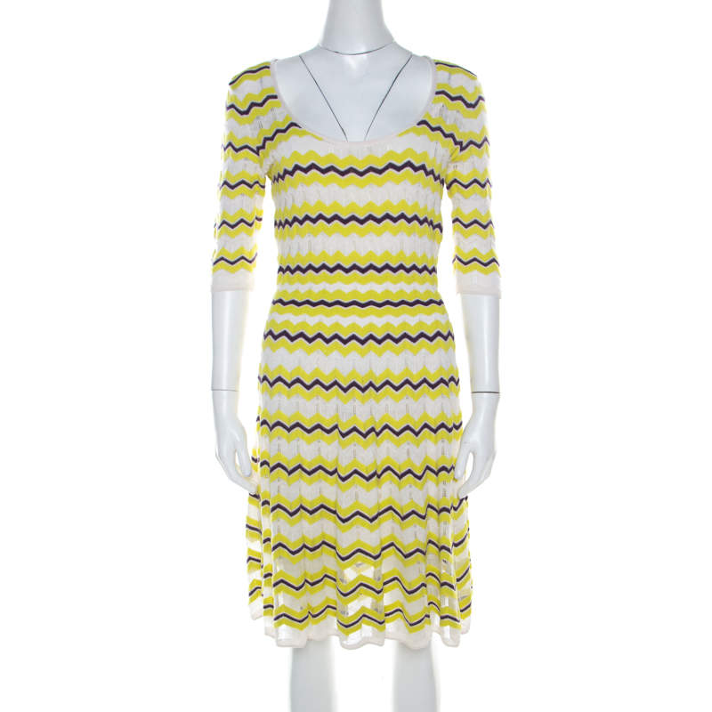 Pre Owned فستان إم ميزوني سكيتر تريكو نمط شيفرون أخضر M