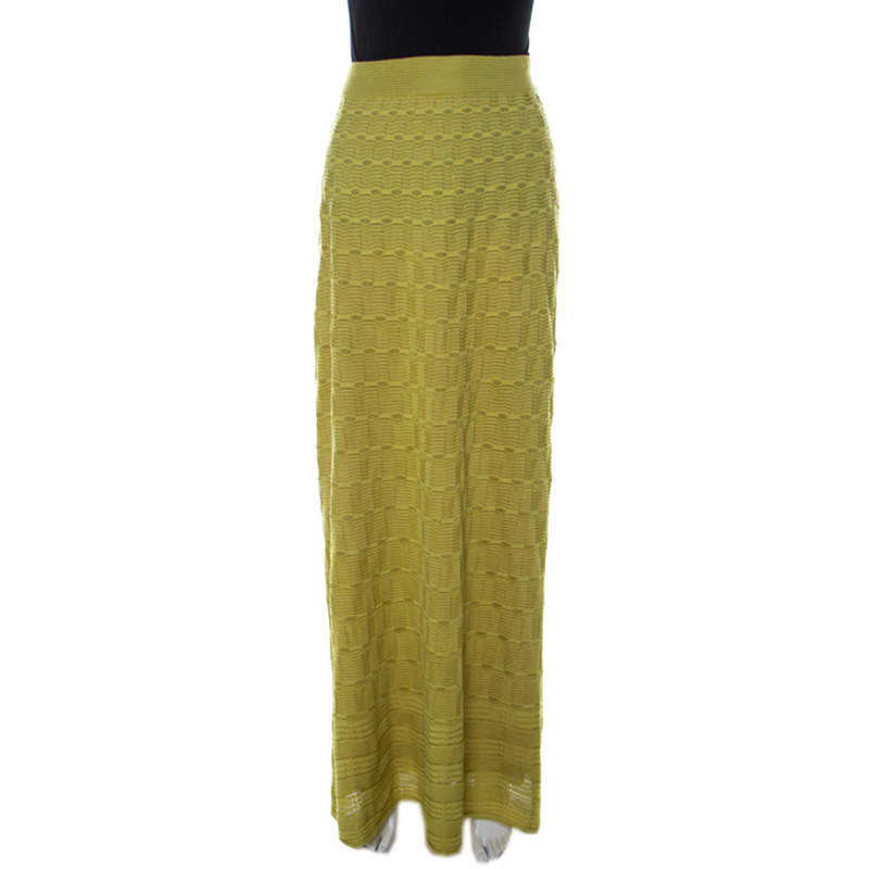 Pre Owned M Missoni Lime Green Wool Blend Knitted Maxi Skirt S