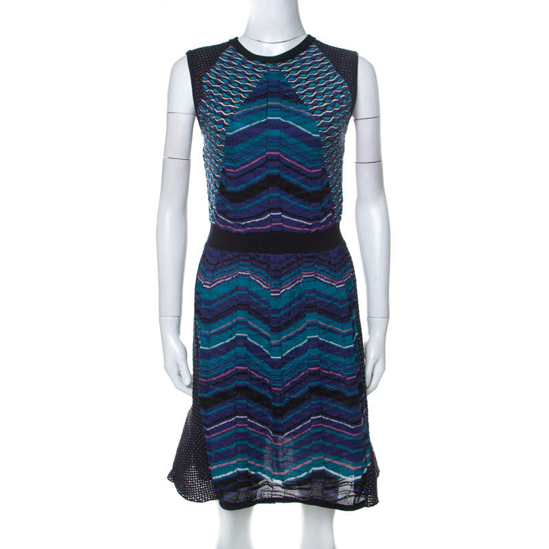 Pre Owned M Missoni Multicolor Paneled Knit Cap Sleeve Short Dress M