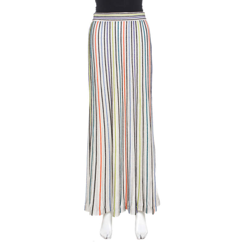 M Missoni White Striped Lurex Knit Pintuck Detail Maxi Skirt S