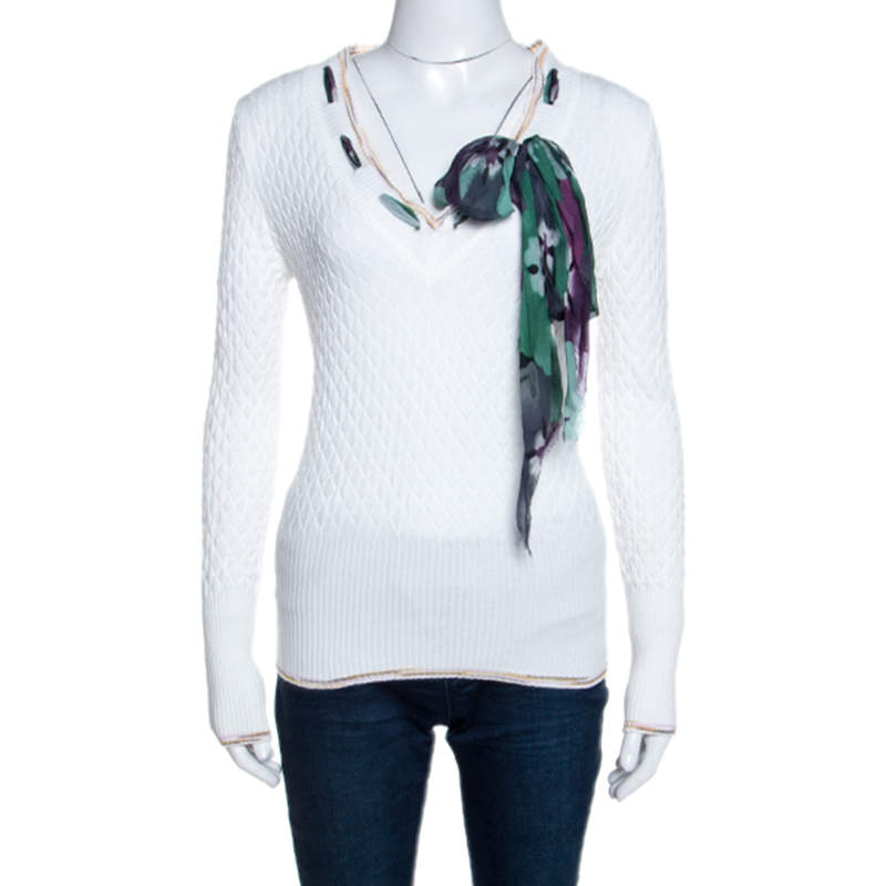 Pre Owned M Missoni White Textured Knit Scarf Detail Top S