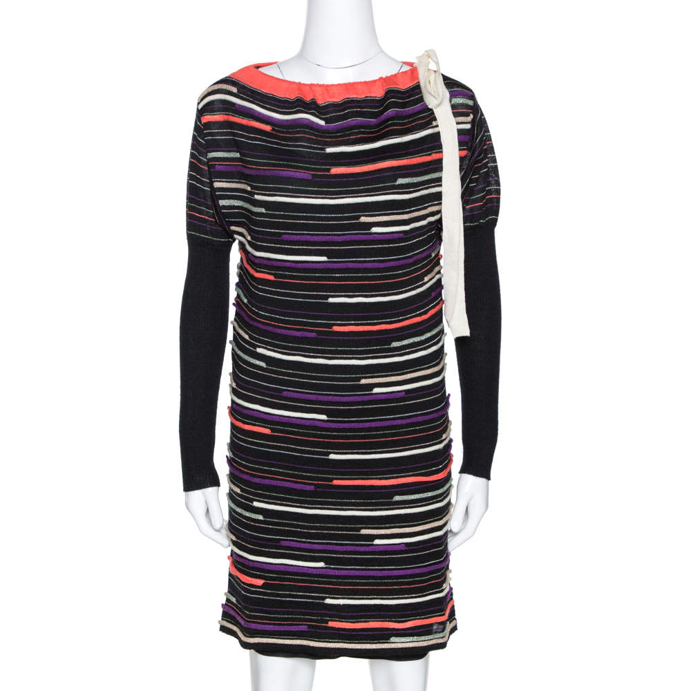Pre Owned M Missoni Black Embossed Stripe Lurex Wool Knit Mini Dress S
