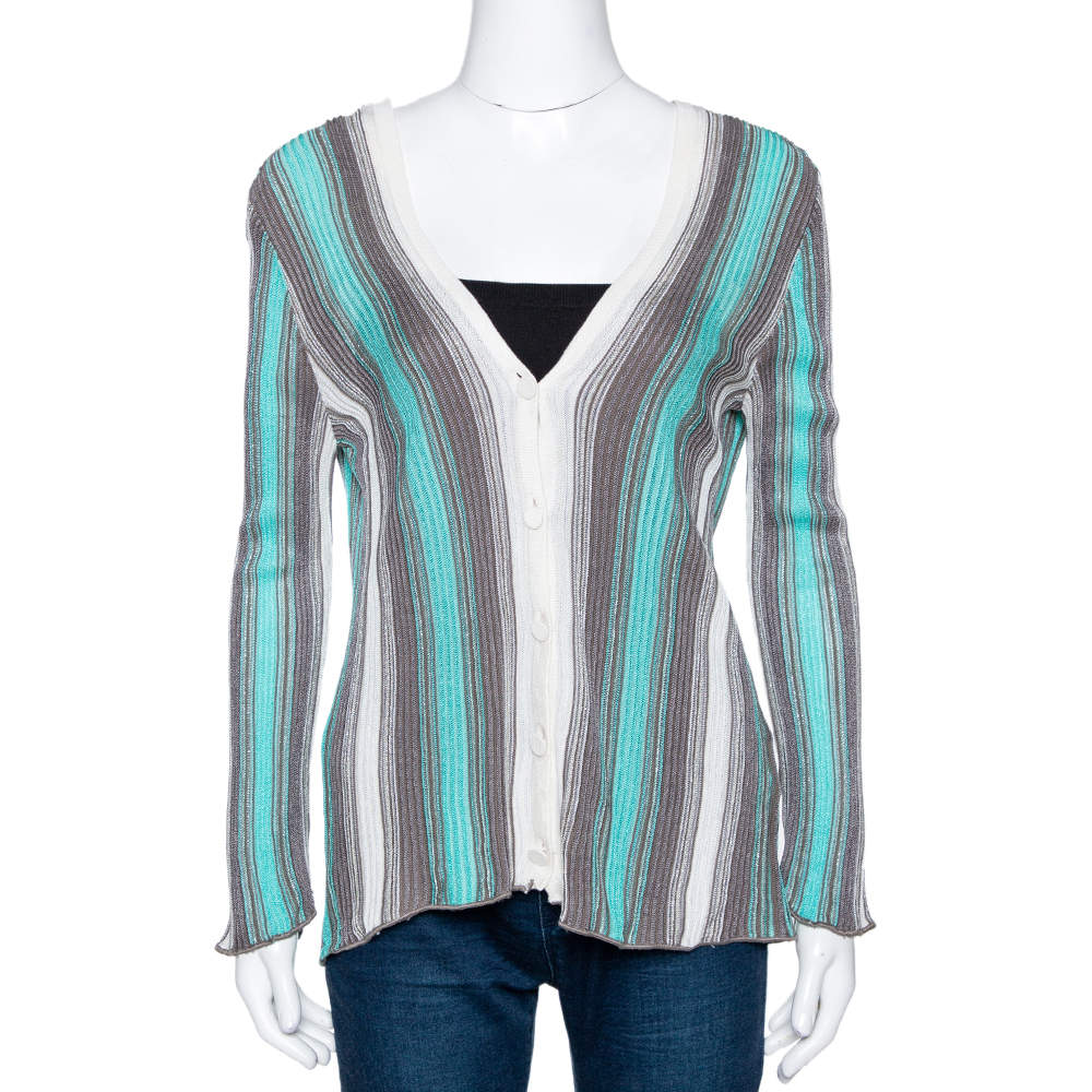 M Missoni Teal & Grey Striped Lurex Knit Button Front Cardigan L