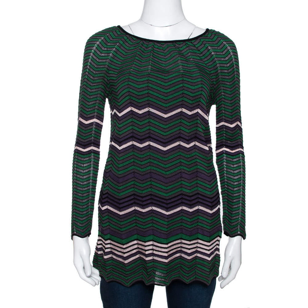 Pre Owned M Missoni Green Pointelle Knit Long Sleeve Top S