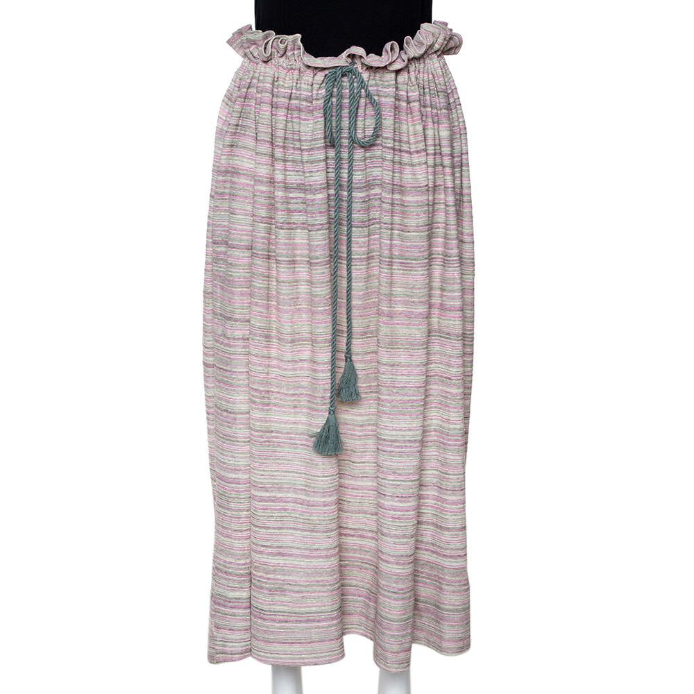 M Missoni Pale Green Striped Knit Ruffled Waist Midi Skirt M