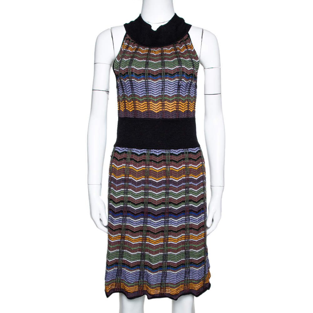 مملوكة مسبقًا M Missoni Multicolor Zip Zag Merino Wool Blend Knit Sleeveless Dress M