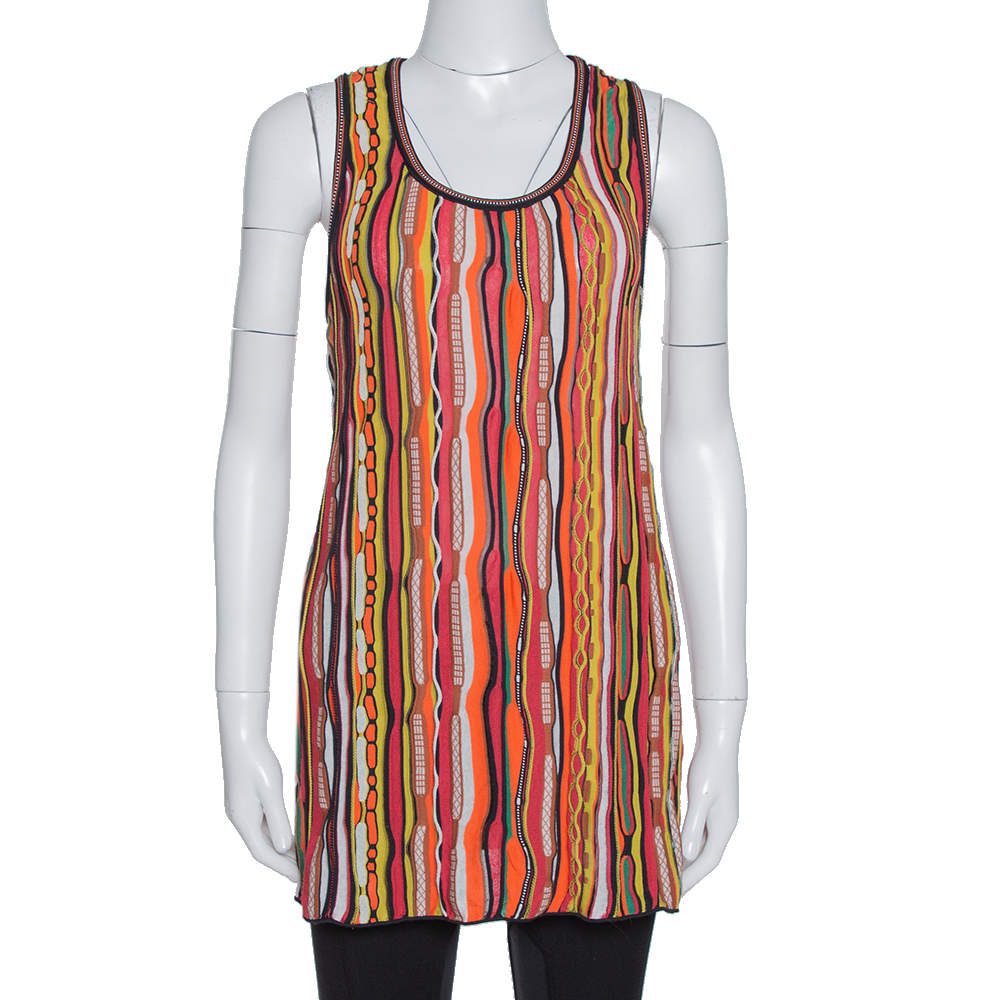 Pre Owned توب أم ميزوني بلا أكمام تريكو مضلع مخطط متعدد الألوان L
