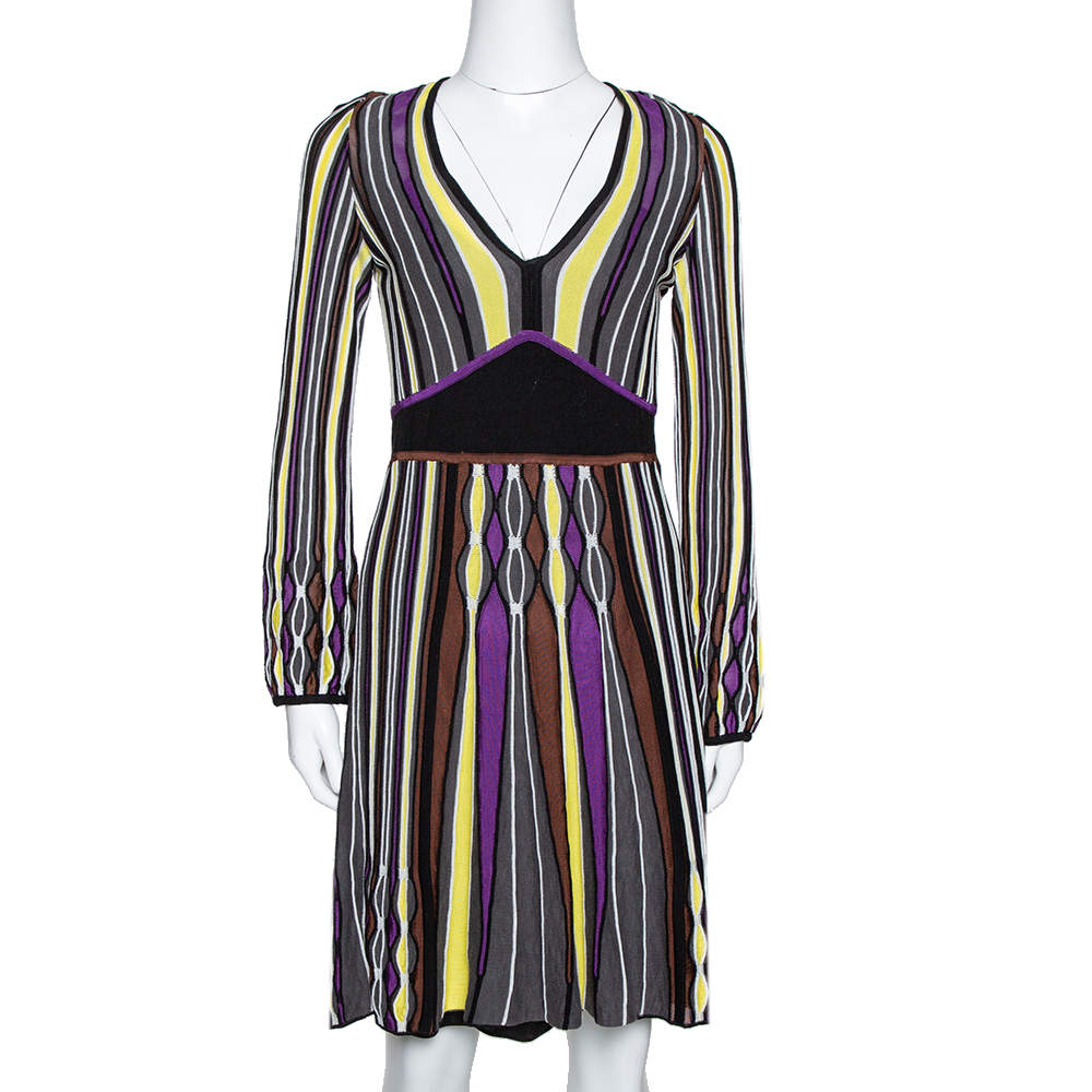 Pre Owned M Missoni Grey Striped Rib Knit Knee Length Dress M