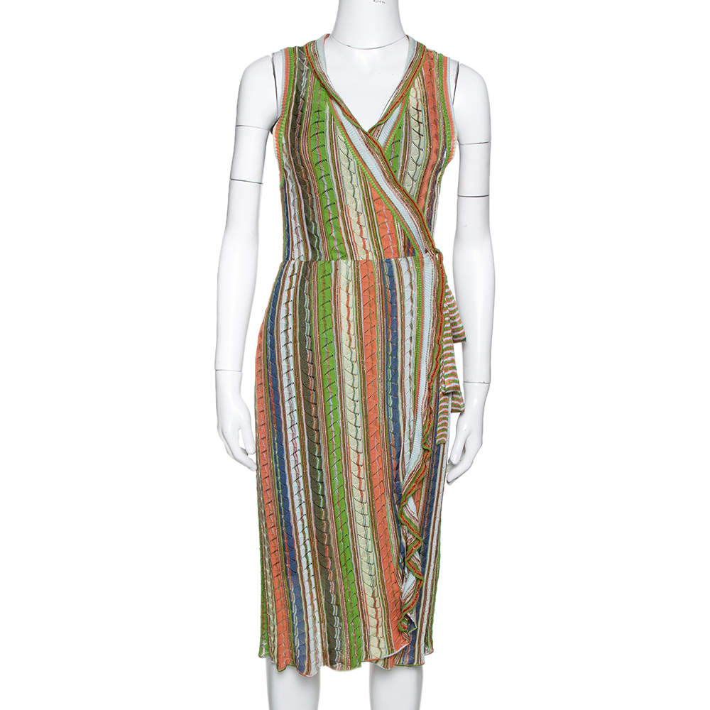 M Missoni Green Striped Pointelle Knit Ruffled Wrap Dress M