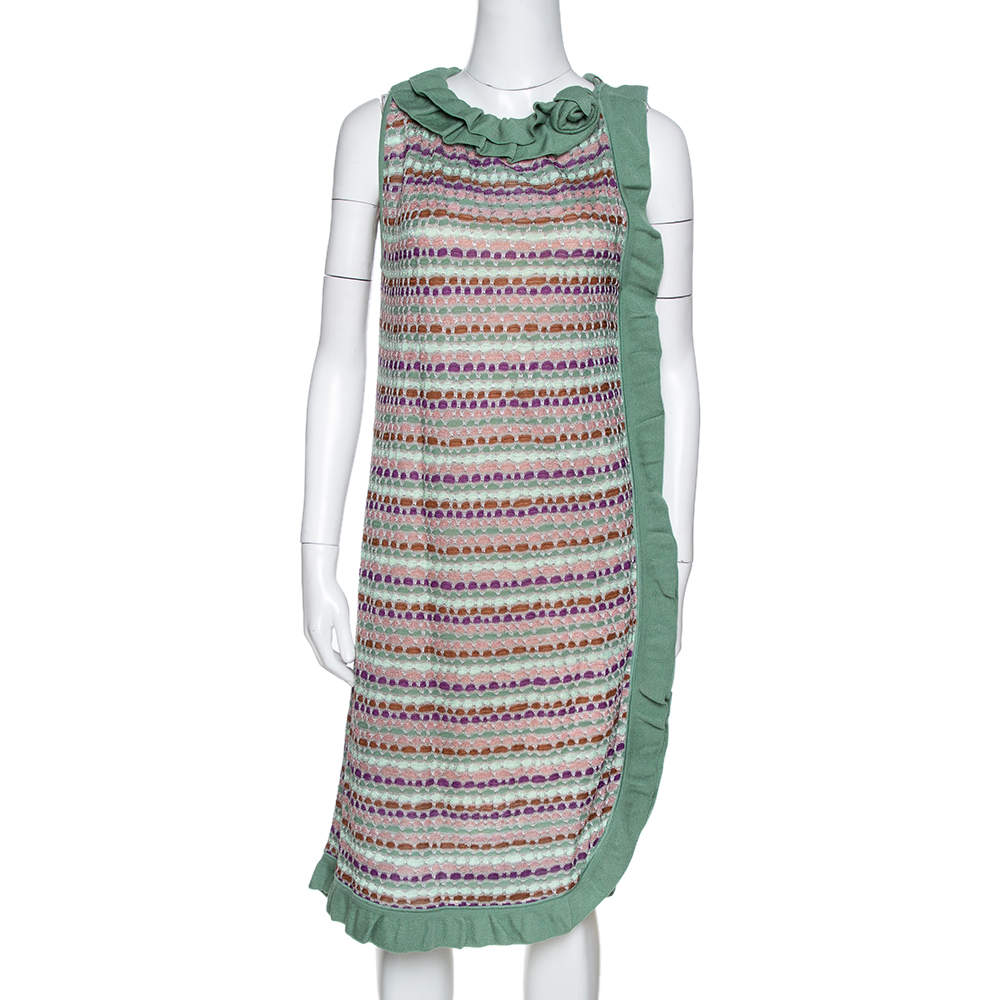 Pre Owned M Missoni Sage Green Wool Knit Ruffled Shift Dress M