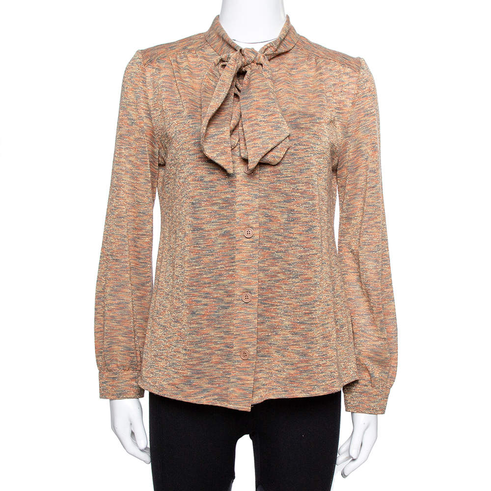 Pre Owned M Missoni Rust Orange Lurex Wool Knit Tie Neck Blouse L