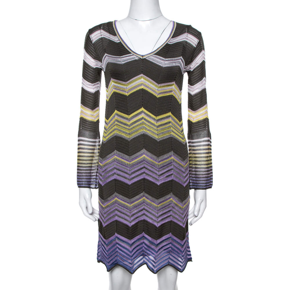 M Missoni Grey & Purple Chevron Crochet Knit Long Sleeve Dress S