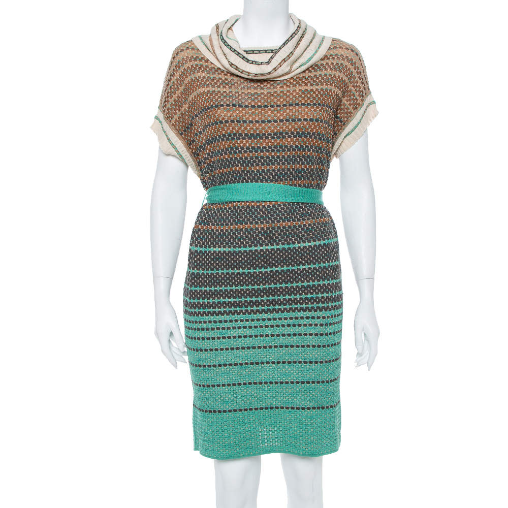 Pre Owned M Missoni Multicolor Striped Knit Turtleneck Belted Dress S