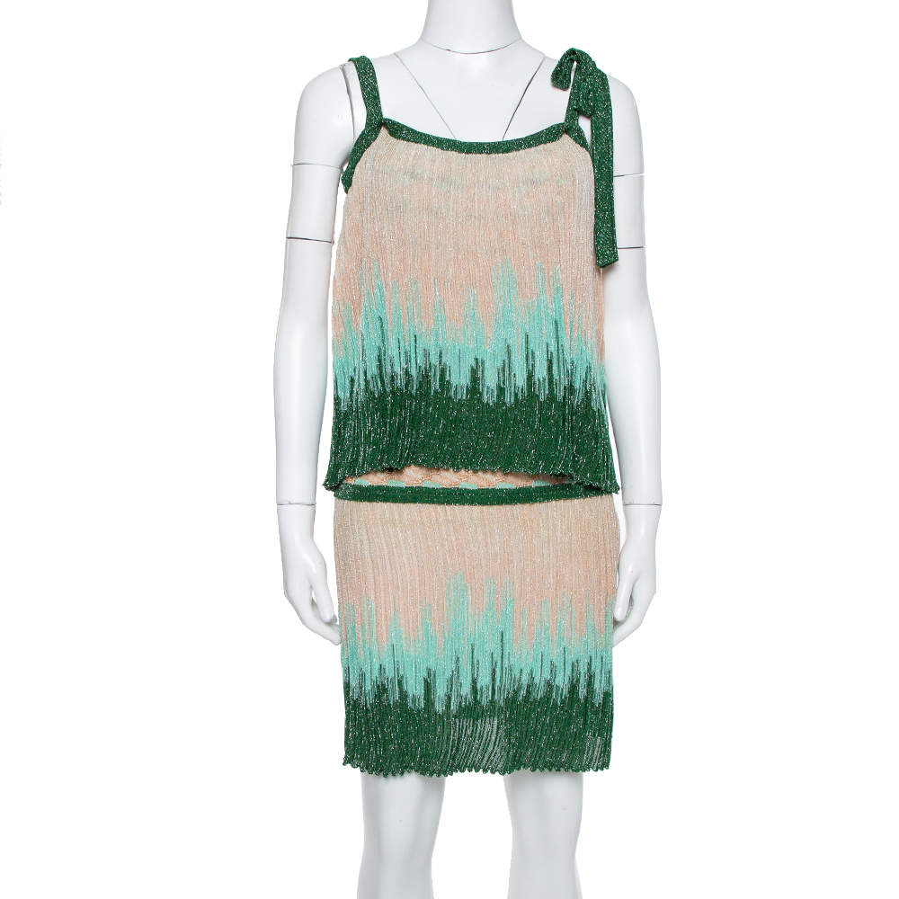 مملوكة مسبقًا M Missoni Beige & Green Lurex Knit Overlay Detail Short Dress S