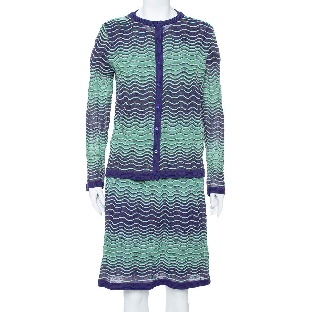 Pre Owned M Missoni Bicolor Wave Knit Drop Waist Dress & Button Front Cardigan Set L