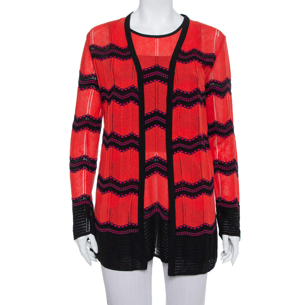 M Missoni Red & Black Zig Zag Pattern Knit Tank Top & Open Front Cardigan L