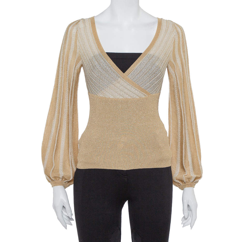 Pre Owned M Missoni Metallic Gold Perforated Knit Fitted Long Sleeve Top S