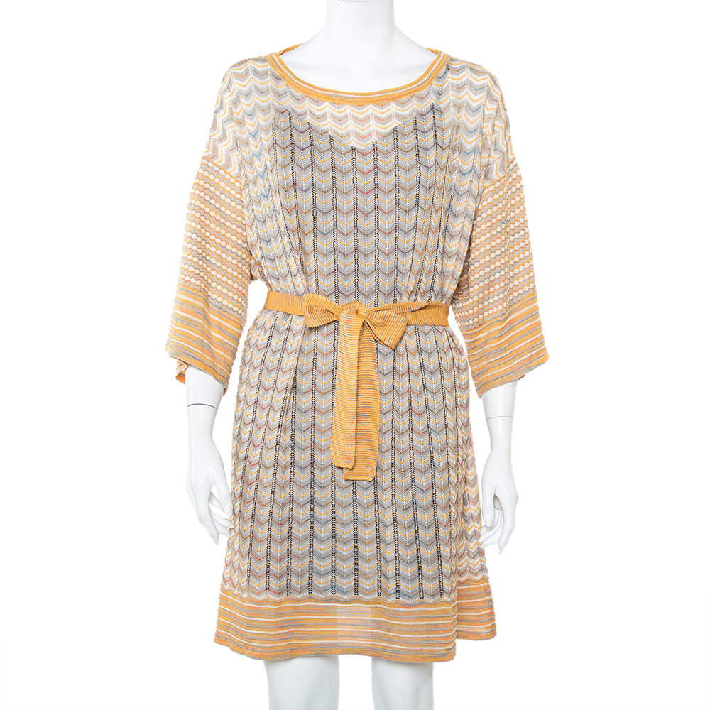 Pre Owned M Missoni Multicolor Patterned Perforated Knit Boat Neck Belted Dress L