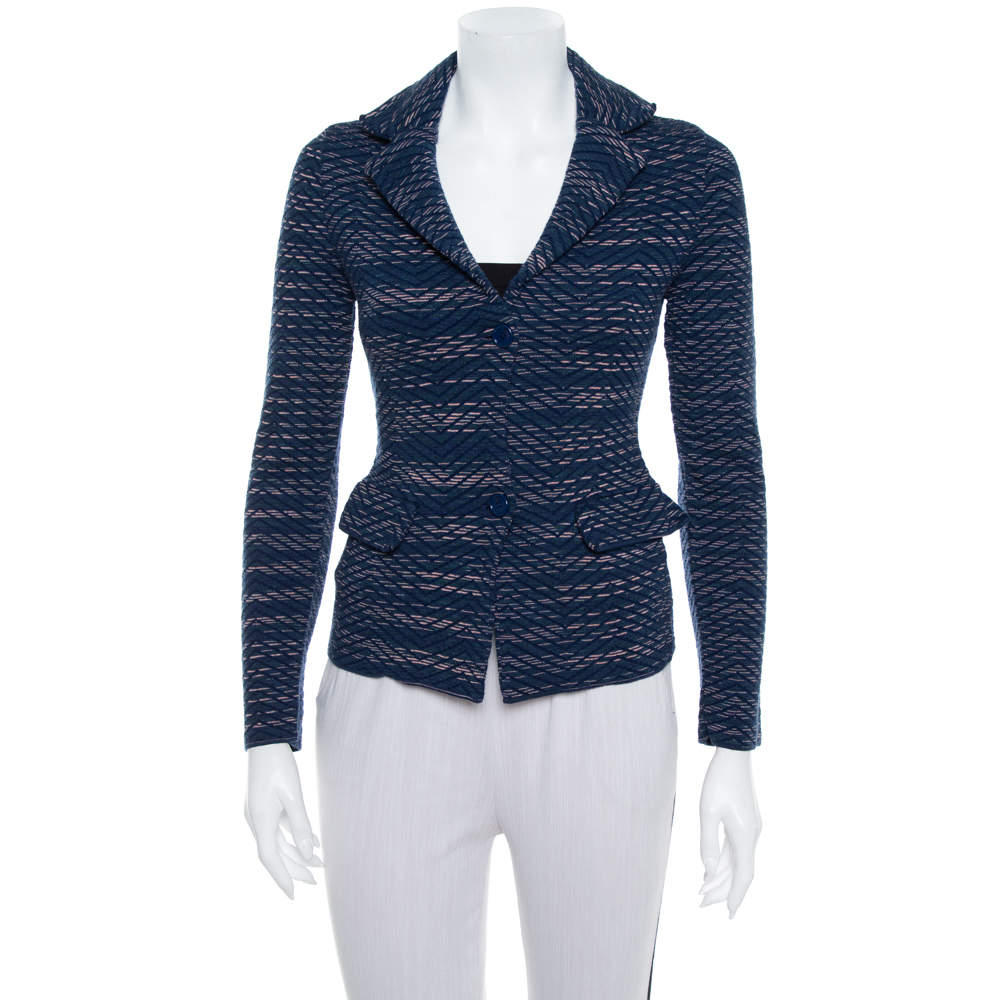 Pre Owned M Missoni Navy Blue Jacquard Knit Button Front Blazer S