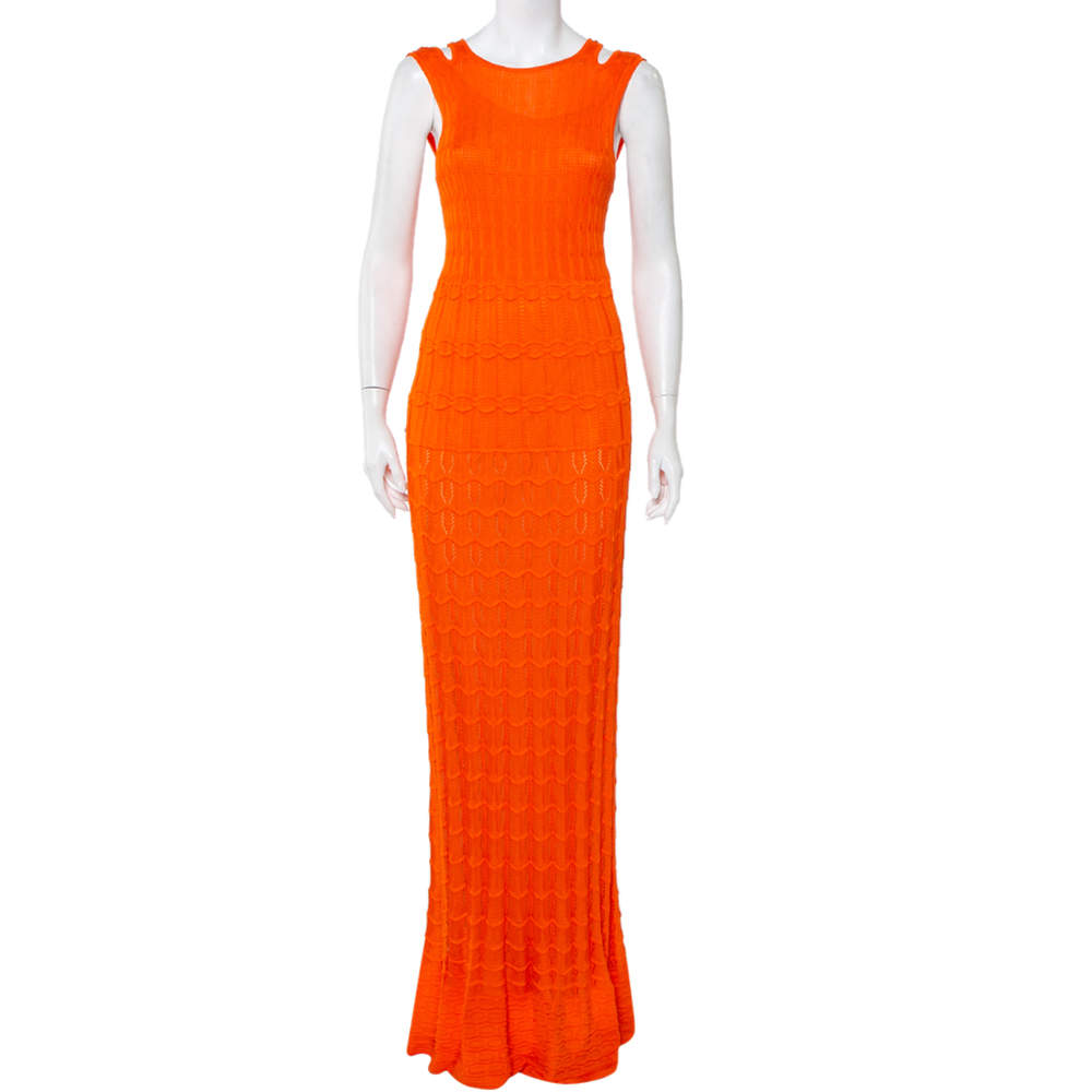 Pre Owned فستان ماكسي إم ميزني تريكو برتقالي مموج مقاس متوسط - ميديوم