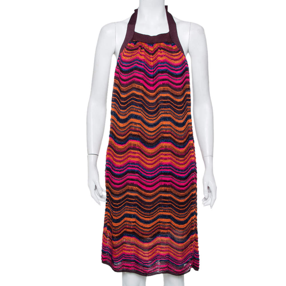 M Missoni Multicolor Wave Pattern Lurex Knit Halter Neck Shift Dress M