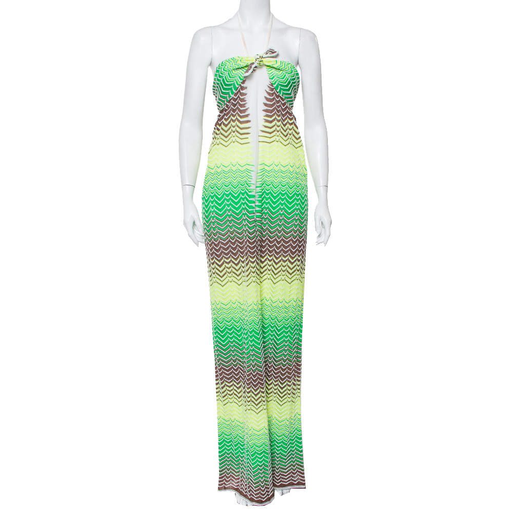 Pre Owned M Missoni Multicolor Chevron Patterned Knit Halter Neck Maxi Dress M