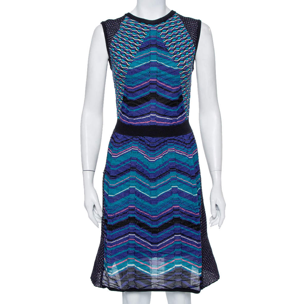 Pre Owned M Missoni Blue Patterned Knit Paneled Short Dress M