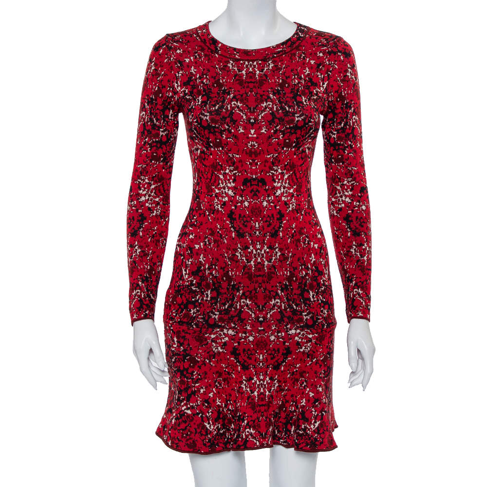 M Missoni Red Jacquard Knit Flared Hem Long Sleeve Mini Dress M
