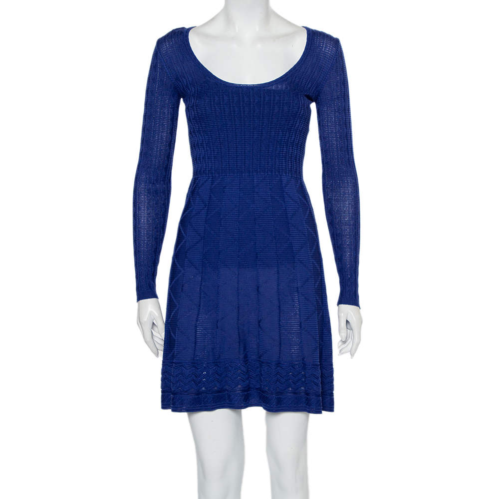 M Missoni Blue Patterned Knit Scoop Neck Skater Dress S