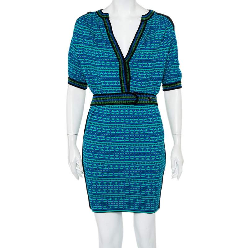 Pre Owned M Missoni Blue and Green Patterned Knit Belted Tunic Dress S 