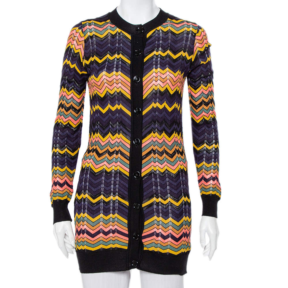 Pre Owned M Missoni Multicolor Chevron Patterned Perforated Knit Long Cardigan S