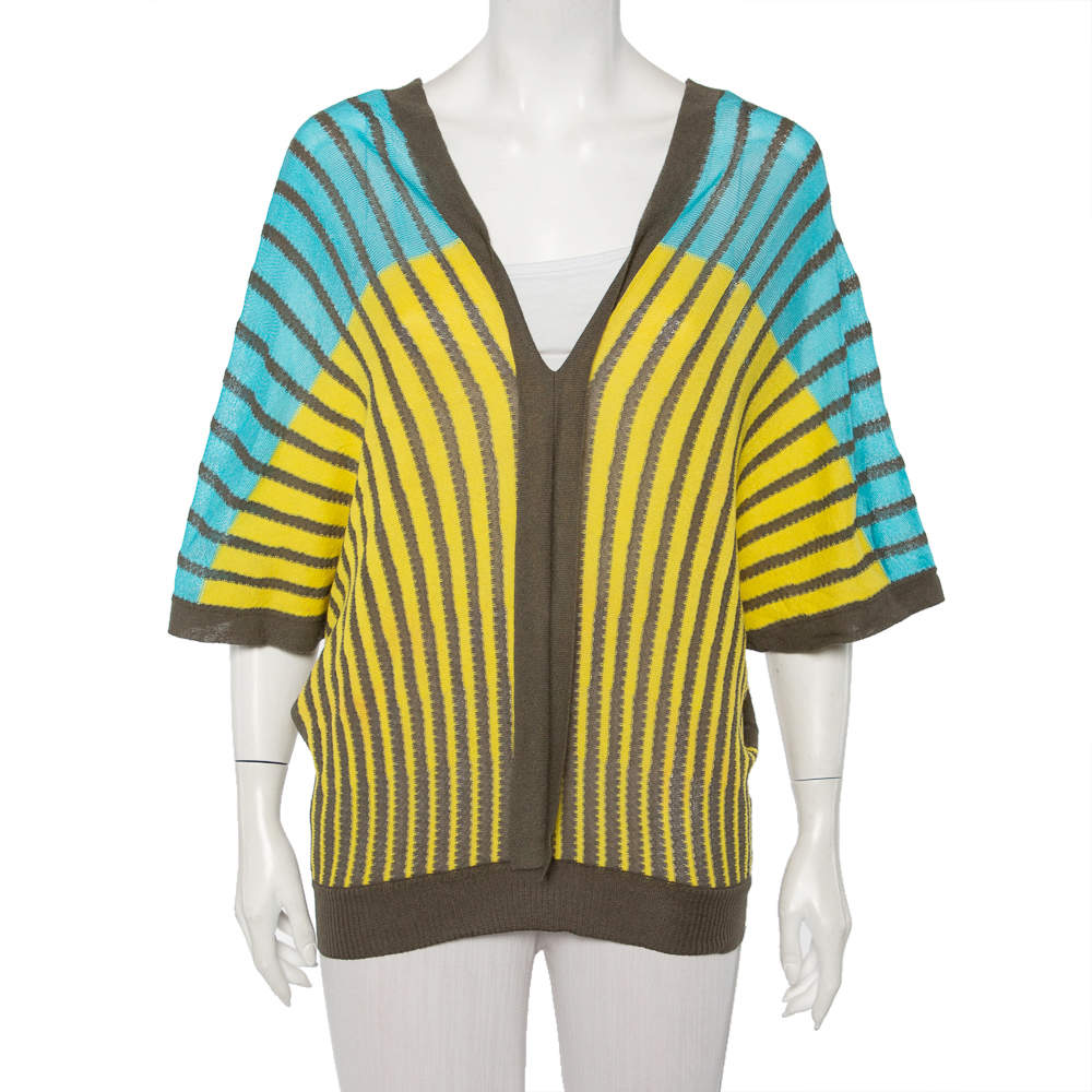 مملوكة مسبقًا توب أم ميزوني واسع تريكو مخرم مخطط ثلاثي اللون مقاس كبير