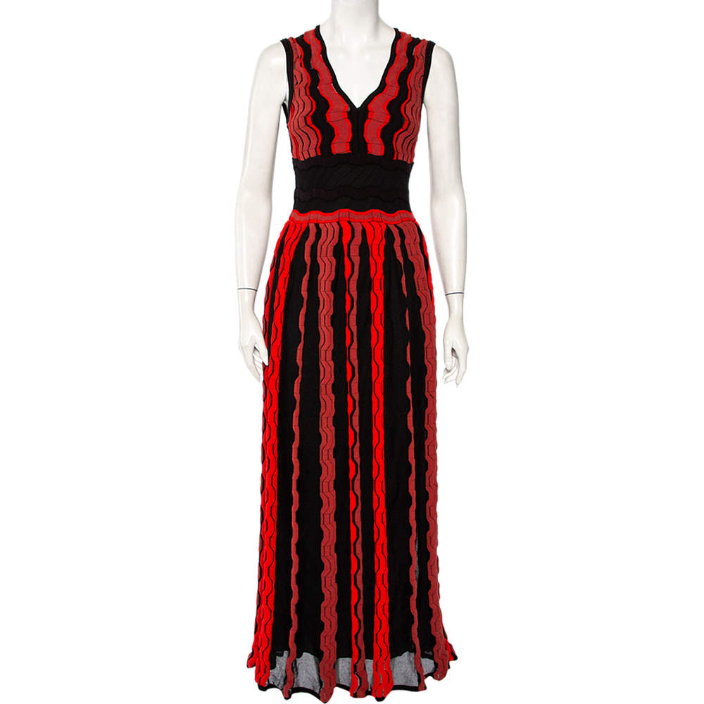 M Missoni Black & Red Knit Pleated Sleeveless Maxi Dress S